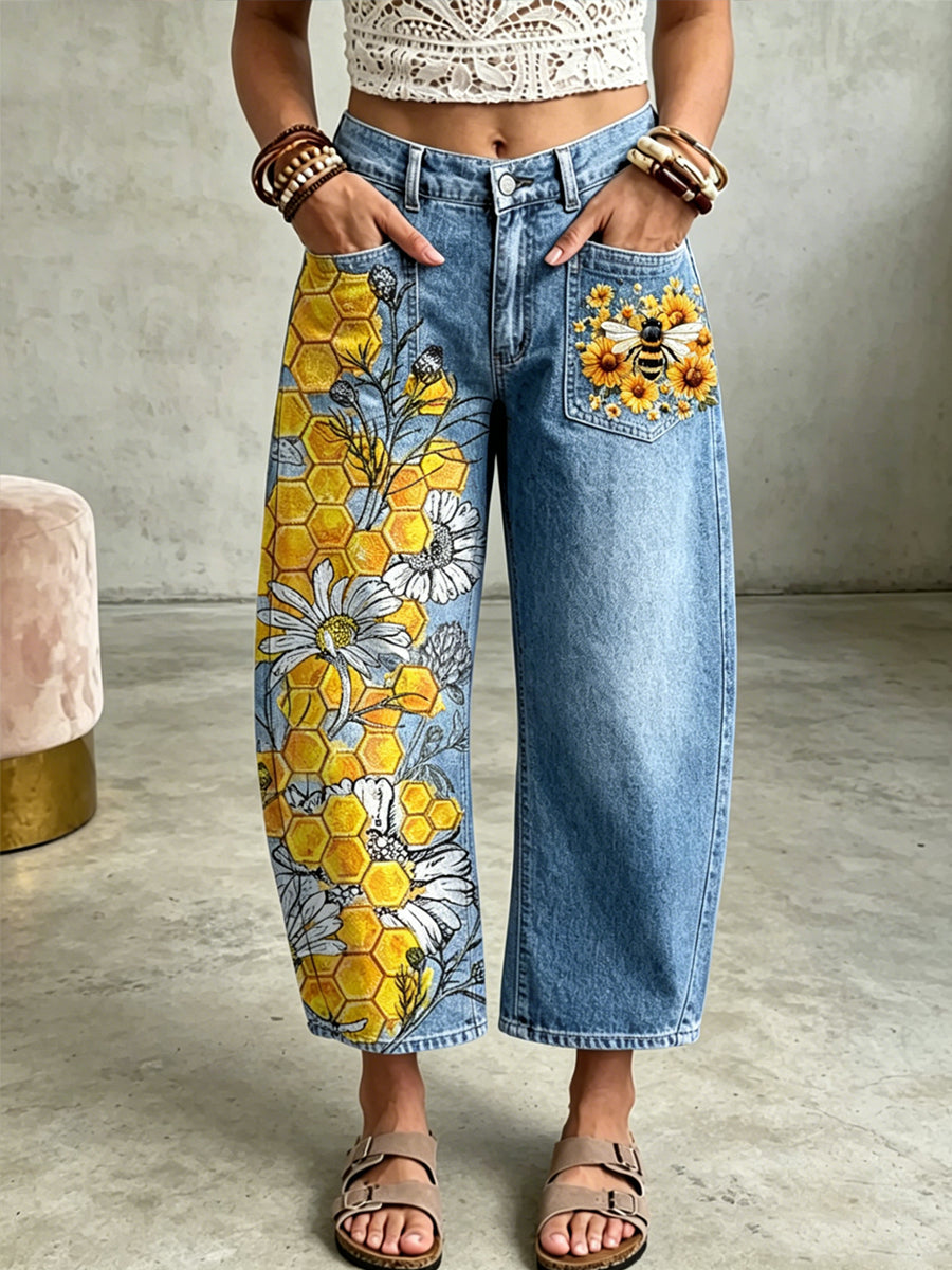 Damenhose mit Tier- und Bienenkunstdruck und Eingrifftaschen