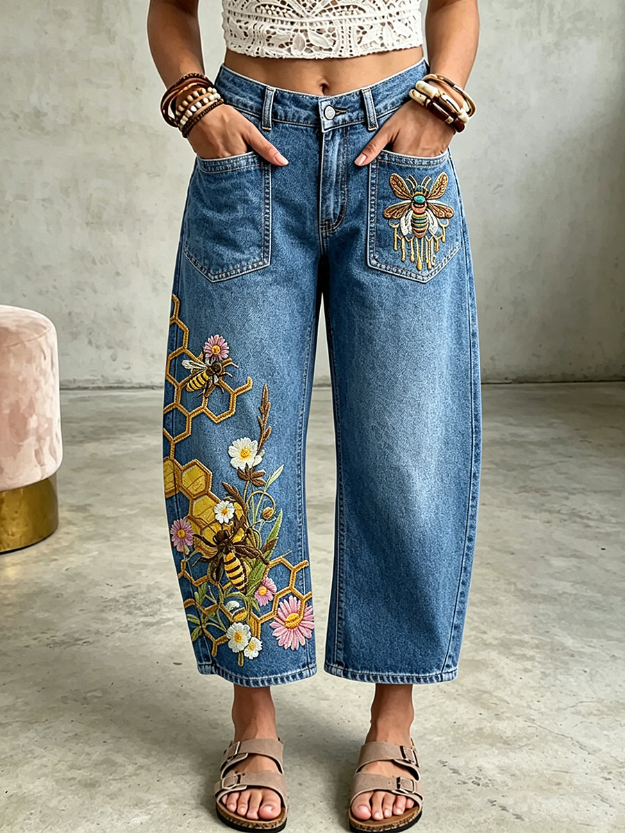 Damenhose mit Tier- und Bienenkunstdruck und Eingrifftaschen