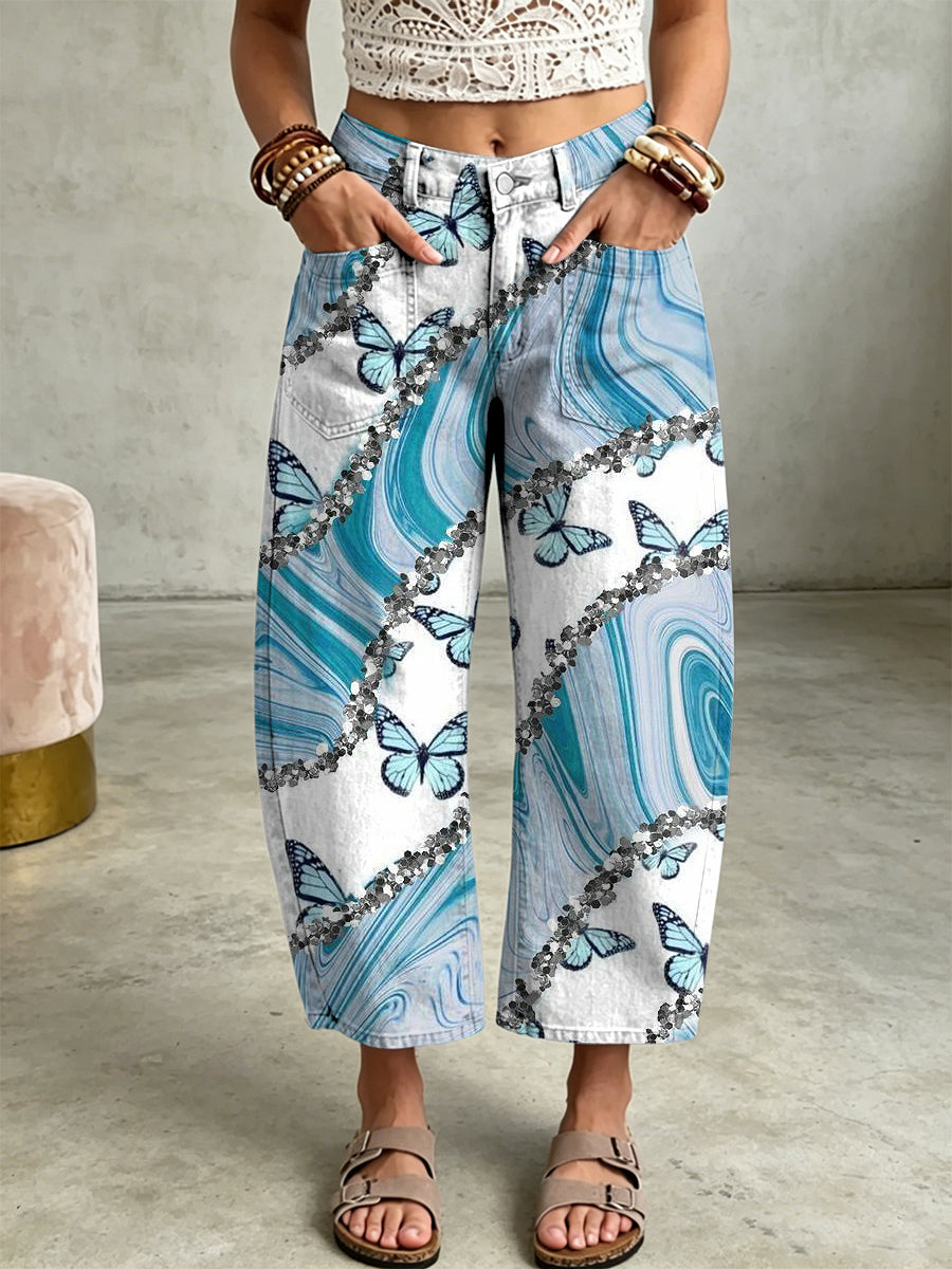 Damenhose mit Tier- und Schmetterlings-Print und Taschen