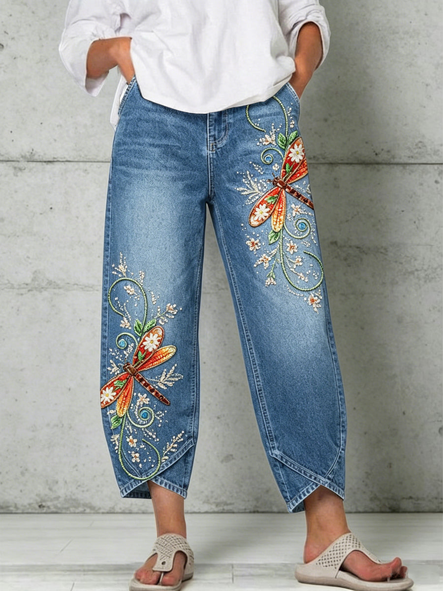 Damen-Hose mit Tier-Drachenfliegen-Kunstdruck
