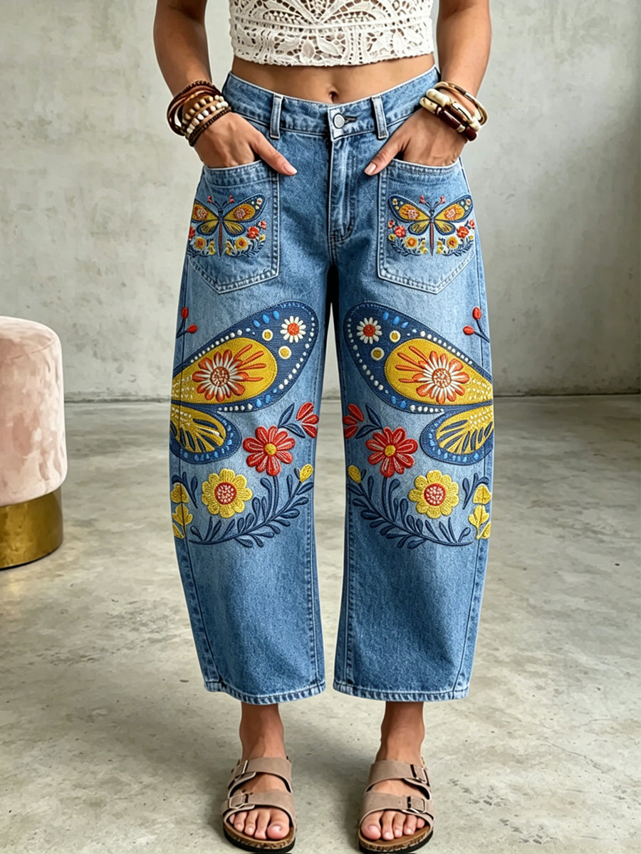 Damenhose mit Tier- und Schmetterlings-Print und Taschen