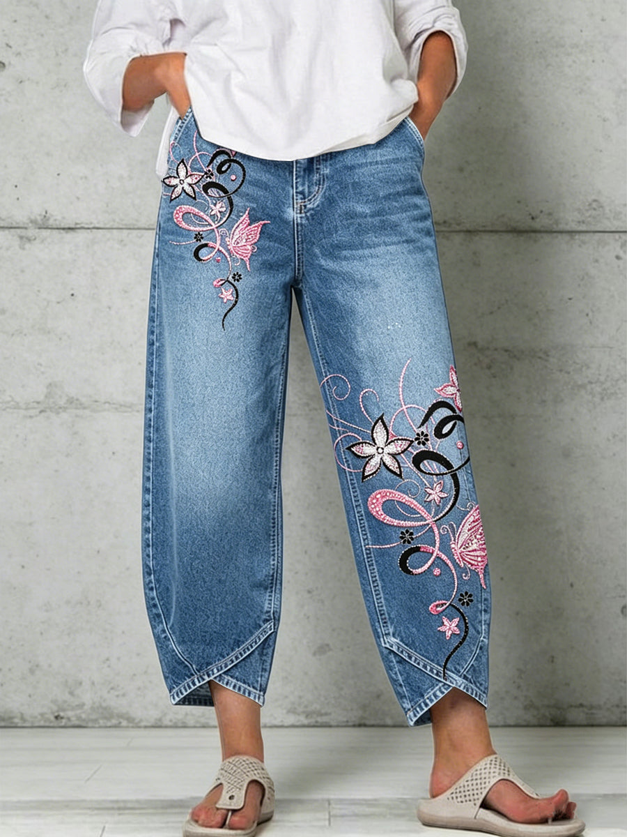 Damen-Hose mit Tier- und Schmetterlings-Art-Print