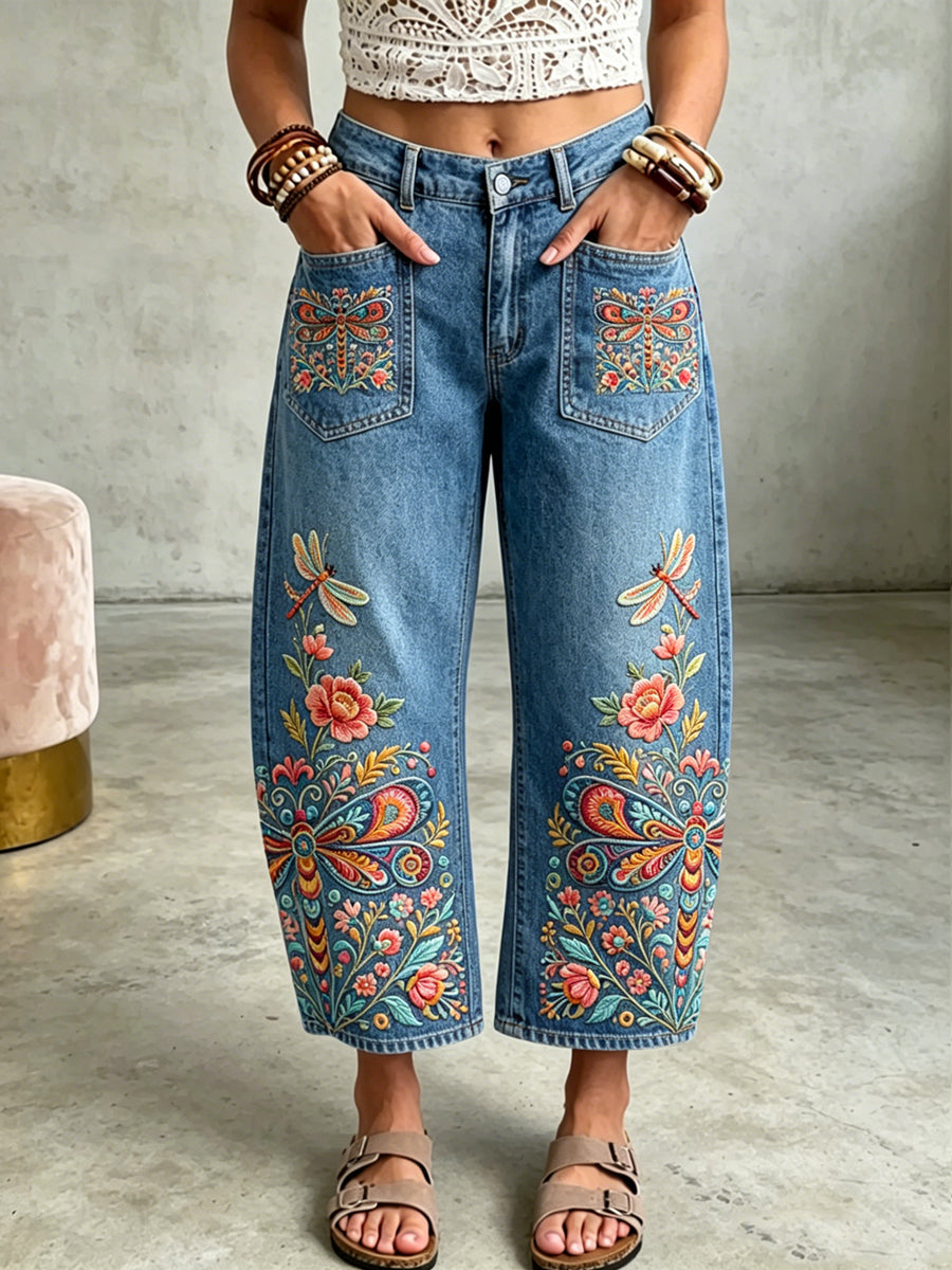 Damenhose mit Tier-Libellen-Kunstdruck und Taschen