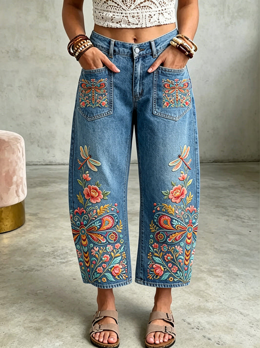 Damenhose mit Tier-Libellen-Kunstdruck und Taschen