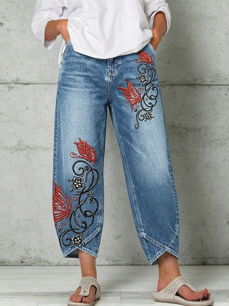 Damen-Hose mit Tier- und Schmetterlings-Art-Print