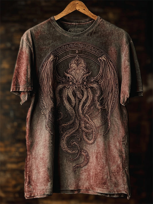 Herren-Vintage-T-Shirt mit blutigem Cthulhu-Großer-Alter‑Motiv und kurzen Ärmeln