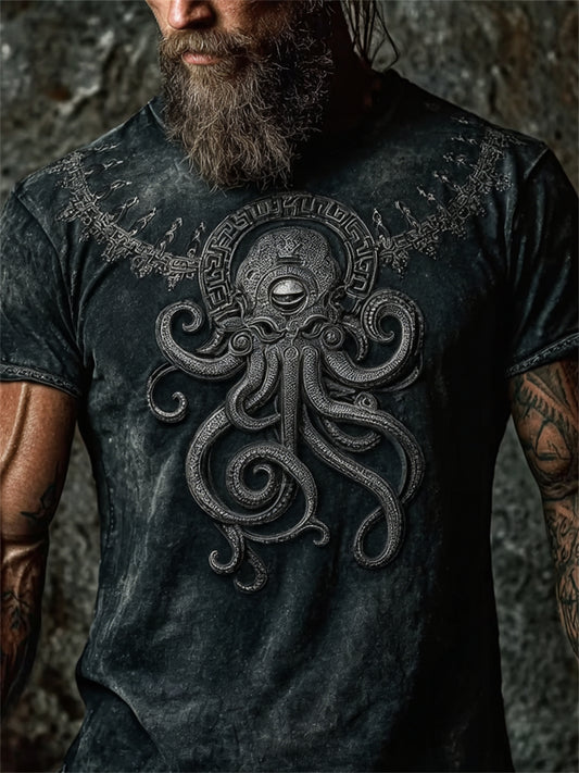 Herren-Vintage-T-Shirt mit Azathoth- und Cthulhu-Print, Kurzarm
