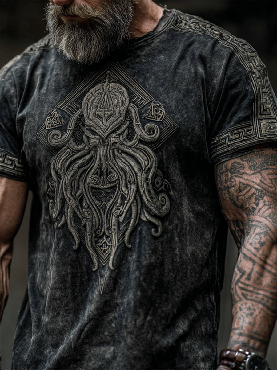 Herren-Vintage-T-Shirt mit Kunstdruck von Cthulhu, dem Großen Alten, Kurzarm