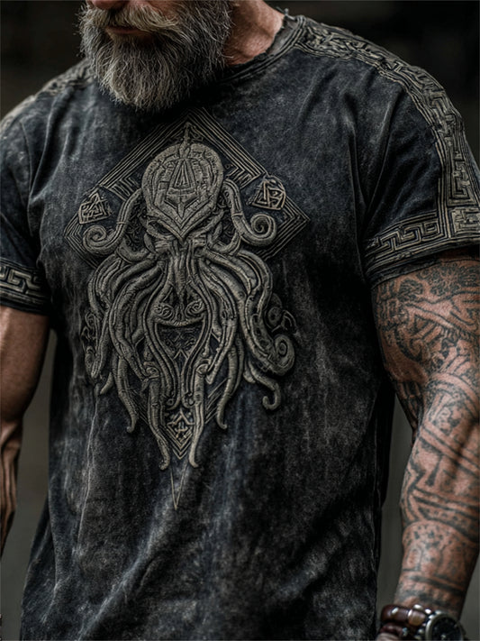Herren-Vintage-T-Shirt mit Kunstdruck von Cthulhu, dem Großen Alten, Kurzarm