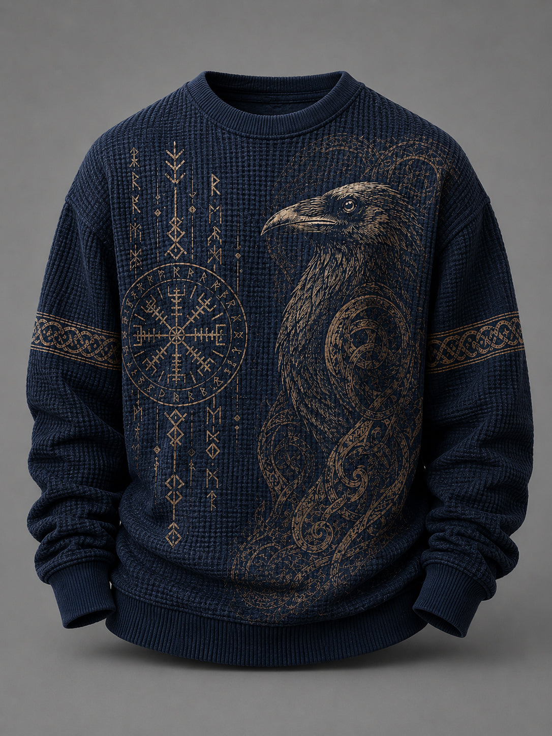 Herren Retro Viking Element Print Waffel stricken Langarm Hoodie