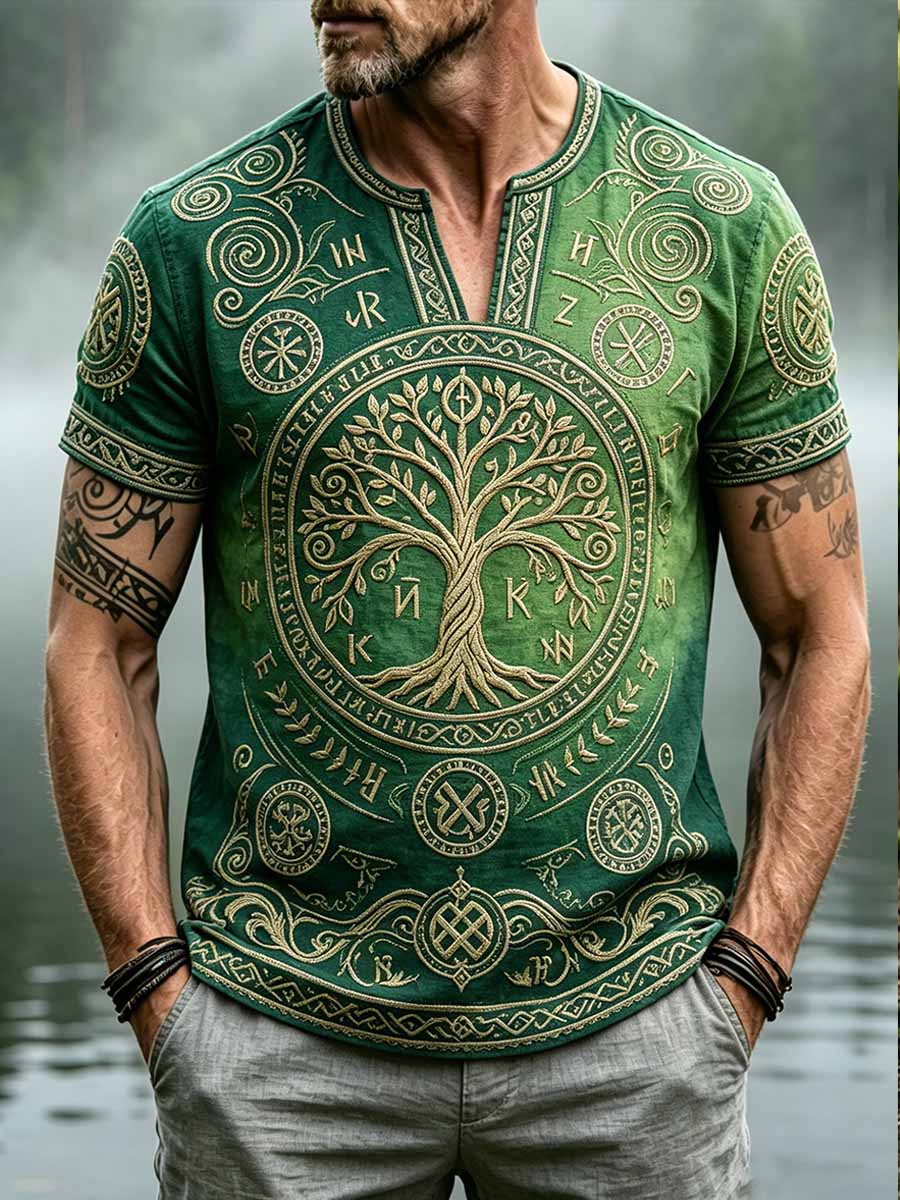 Herren Retro Wikinger Totem Muster Bedrucktes T-Shirt