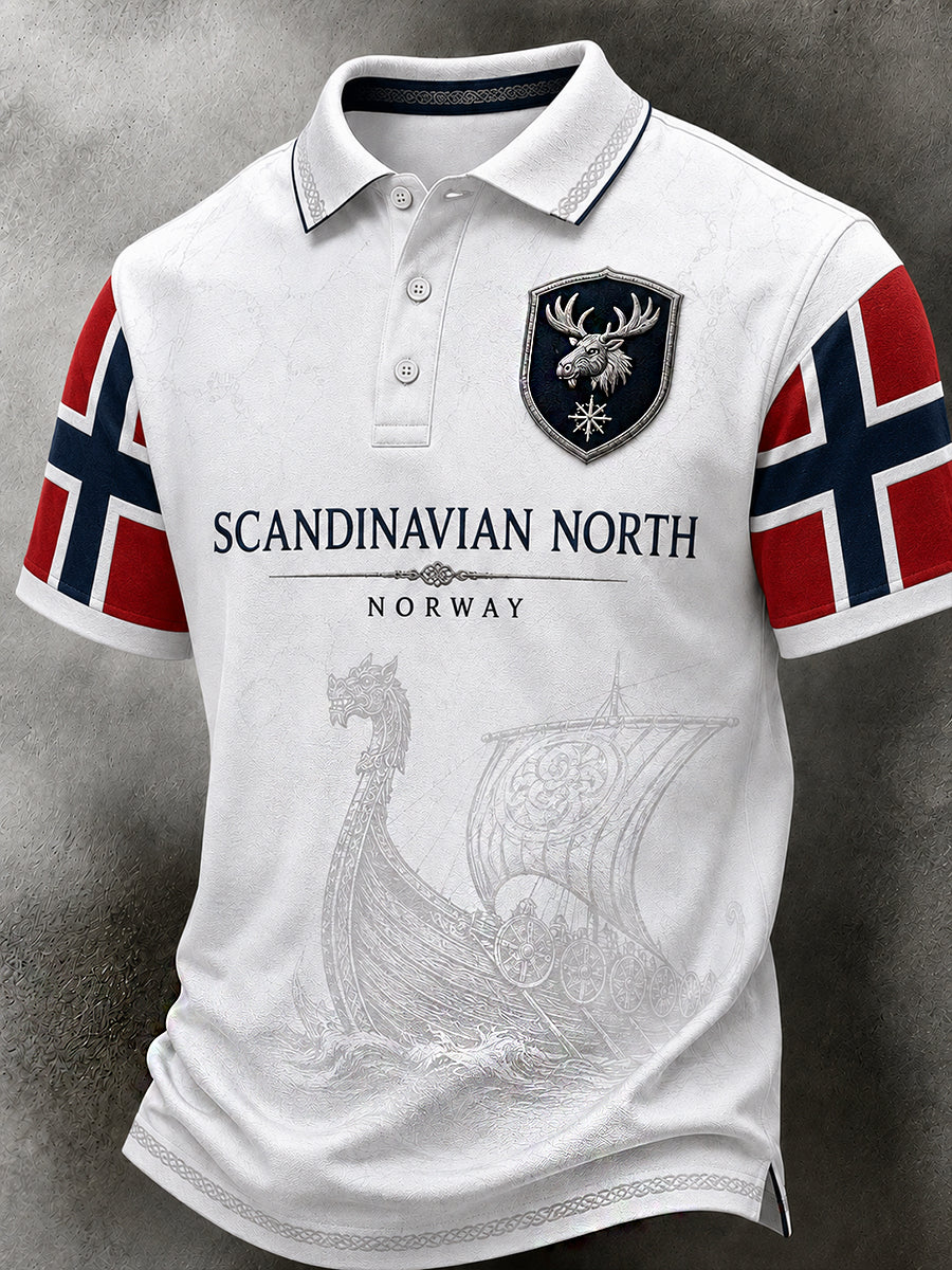 Herren-Poloshirt im Retro-Nordic-Stil mit norwegischem Kunstdruck