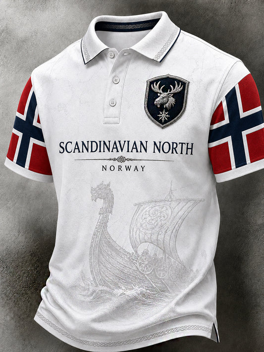 Herren-Poloshirt im Retro-Nordic-Stil mit norwegischem Kunstdruck