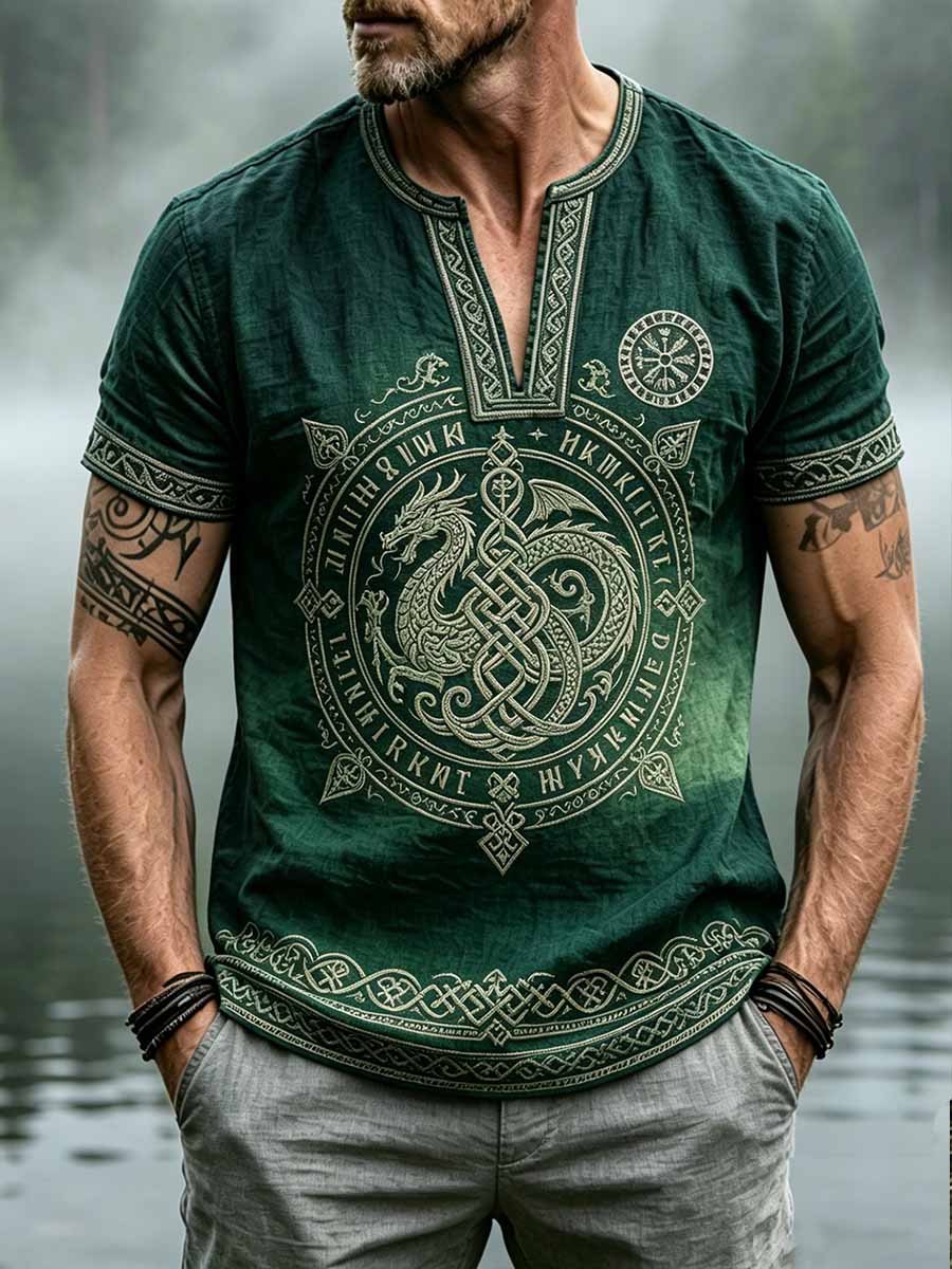 Herren Retro Wikinger Totem Muster Bedrucktes T-Shirt
