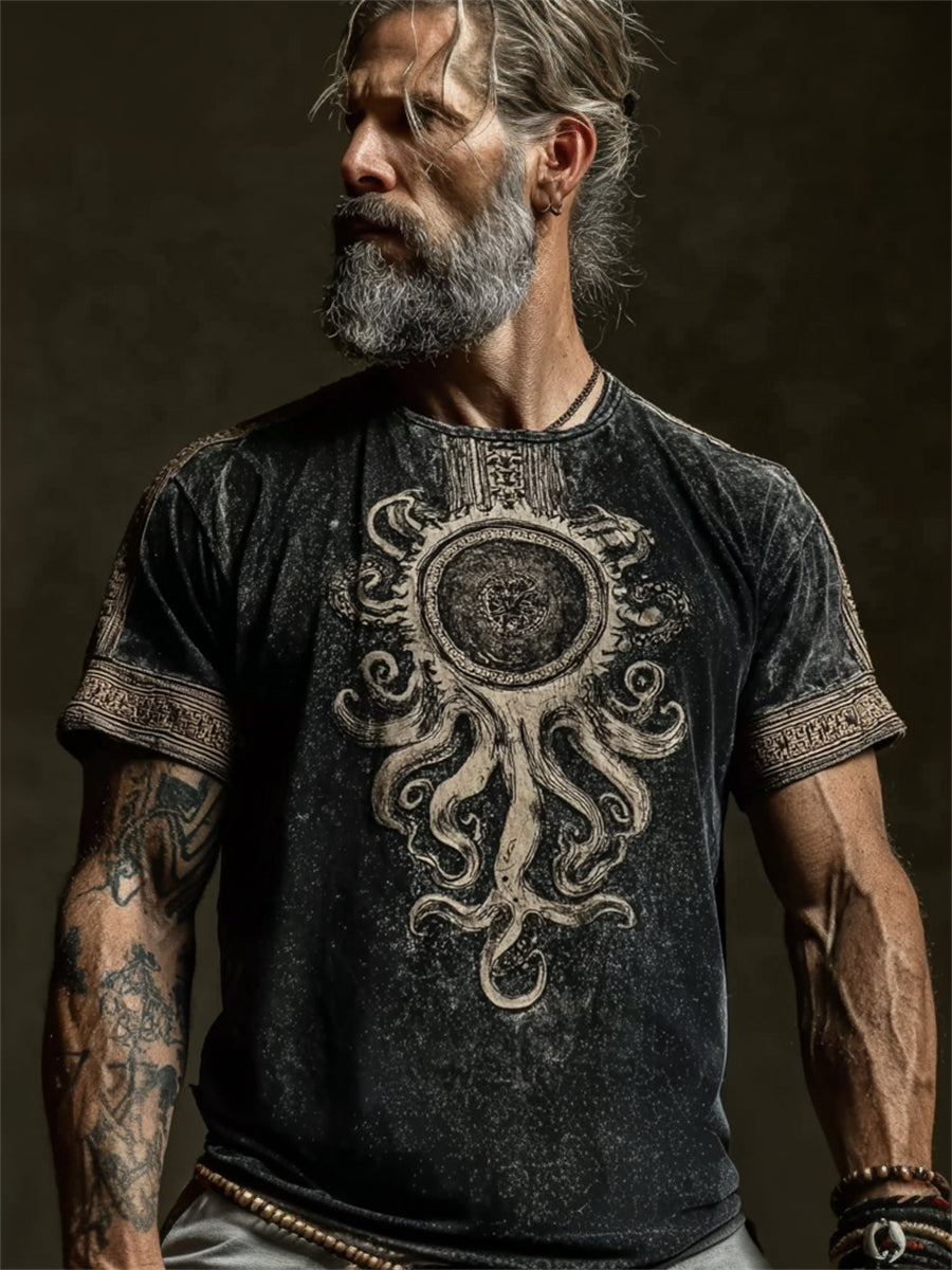 Herren-Vintage-T-Shirt im Azathoth-Cthulhu-Stil mit Kurzärmeln und Aufdruck