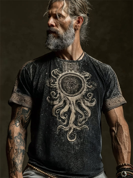 Herren-Vintage-T-Shirt im Azathoth-Cthulhu-Stil mit Kurzärmeln und Aufdruck