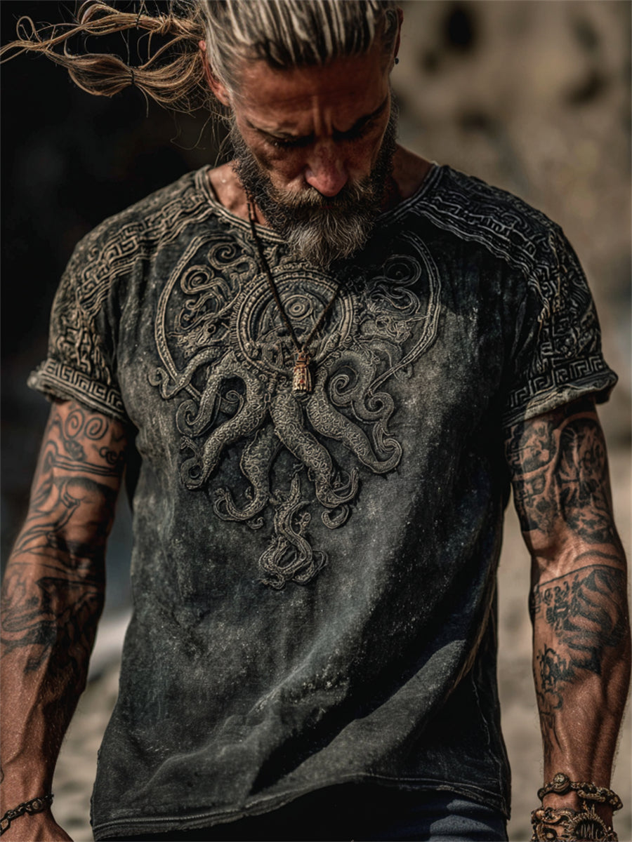 Herren-Vintage-T-Shirt mit Azathoth- und Cthulhu-inspiriertem Druck, Kurzarm