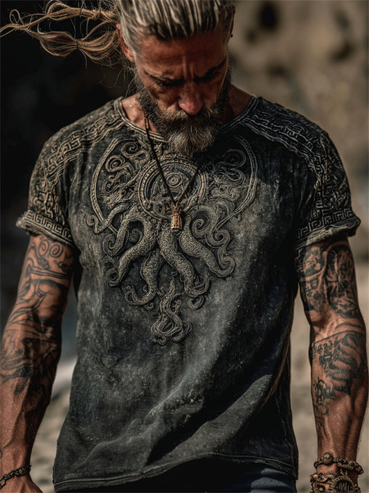 Herren-Vintage-T-Shirt mit Azathoth- und Cthulhu-inspiriertem Druck, Kurzarm
