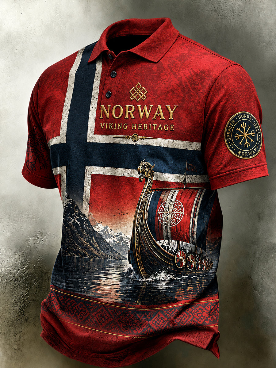 Herren-Poloshirt im Retro-Nordic-Stil mit norwegischem Kunstdruck