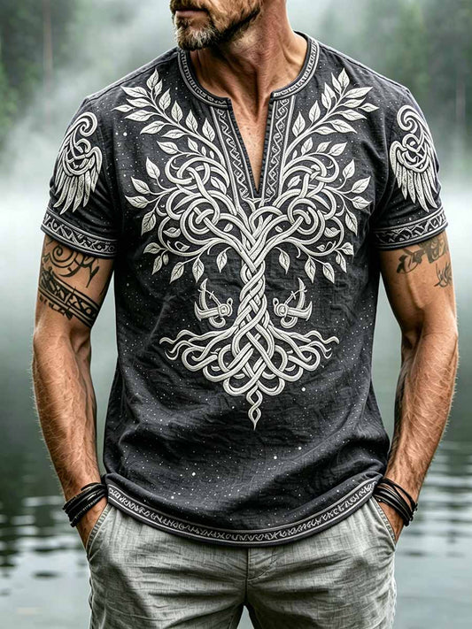 Herren Retro Wikinger Baum des Lebens Muster Druck T-Shirt