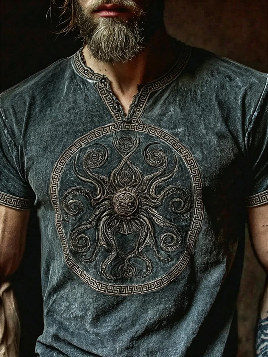 Herren-T-Shirt mit mystischem Kunstmotiv von Cthulhu und Azathoth, Kurzarm