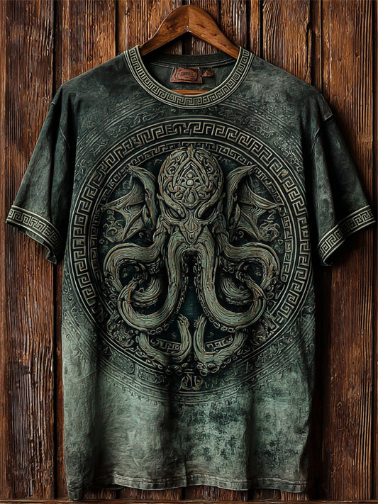 Herren-Vintage-T-Shirt mit Totem-Print des großen Alten Cthulhu und kurzen Ärmeln