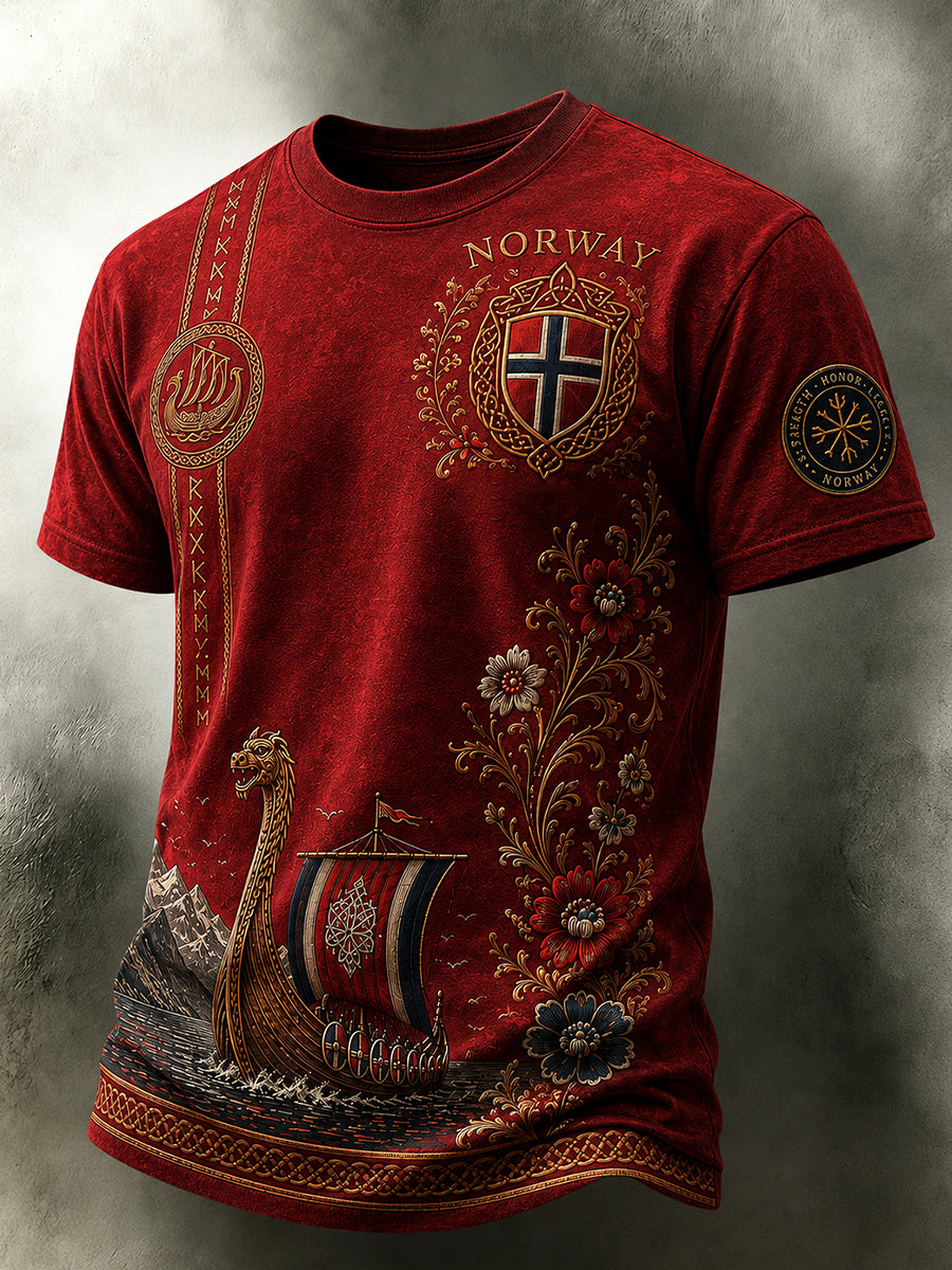 Herren-T-Shirt im Retro-Nordic-Stil mit norwegischem Kunstdruck