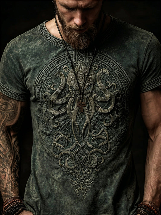 Herren-Vintage-T-Shirt mit Cthulhu-Großer-Alter‑Druck und kurzen Ärmeln