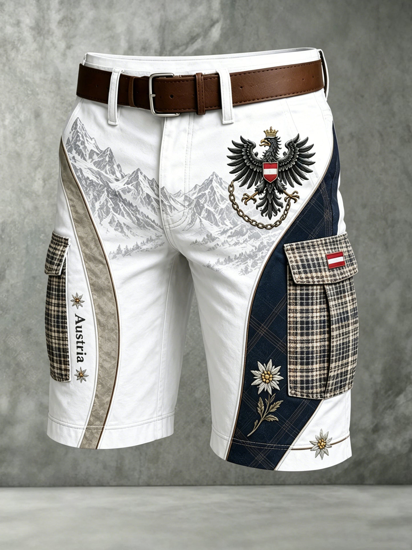 Herren-Shorts mit österreichischem Bergmotiv als Kunstdruck