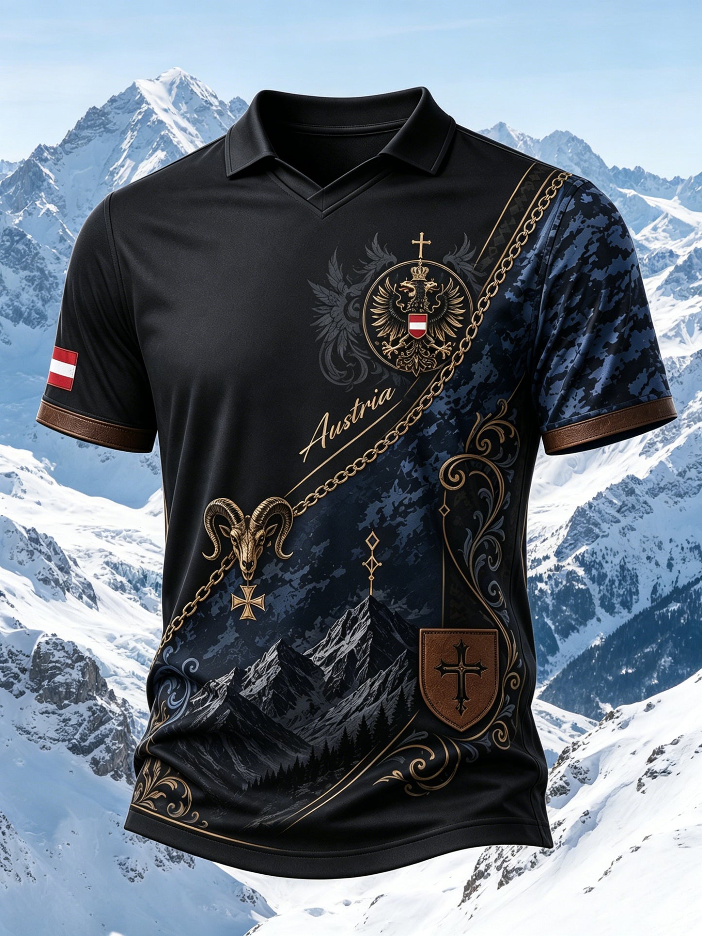 Herren-Oberteil mit V-Ausschnitt und österreichischem Bergmotiv als Kunstdruck
