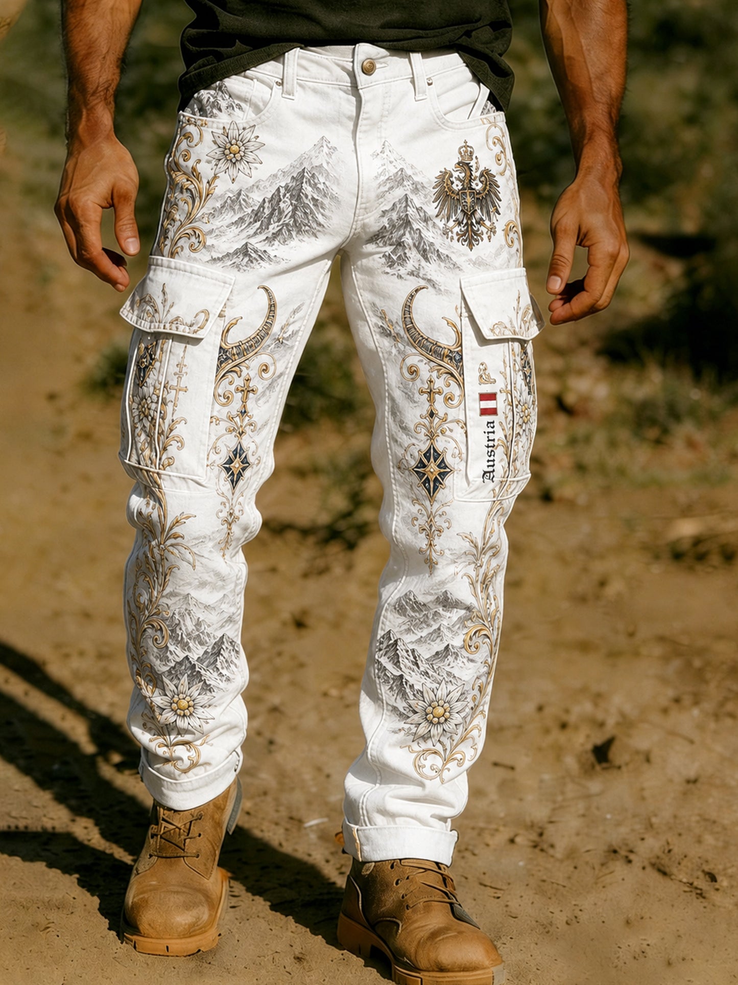 Herrenhose mit österreichischem Bergmotiv und Kunstdruck