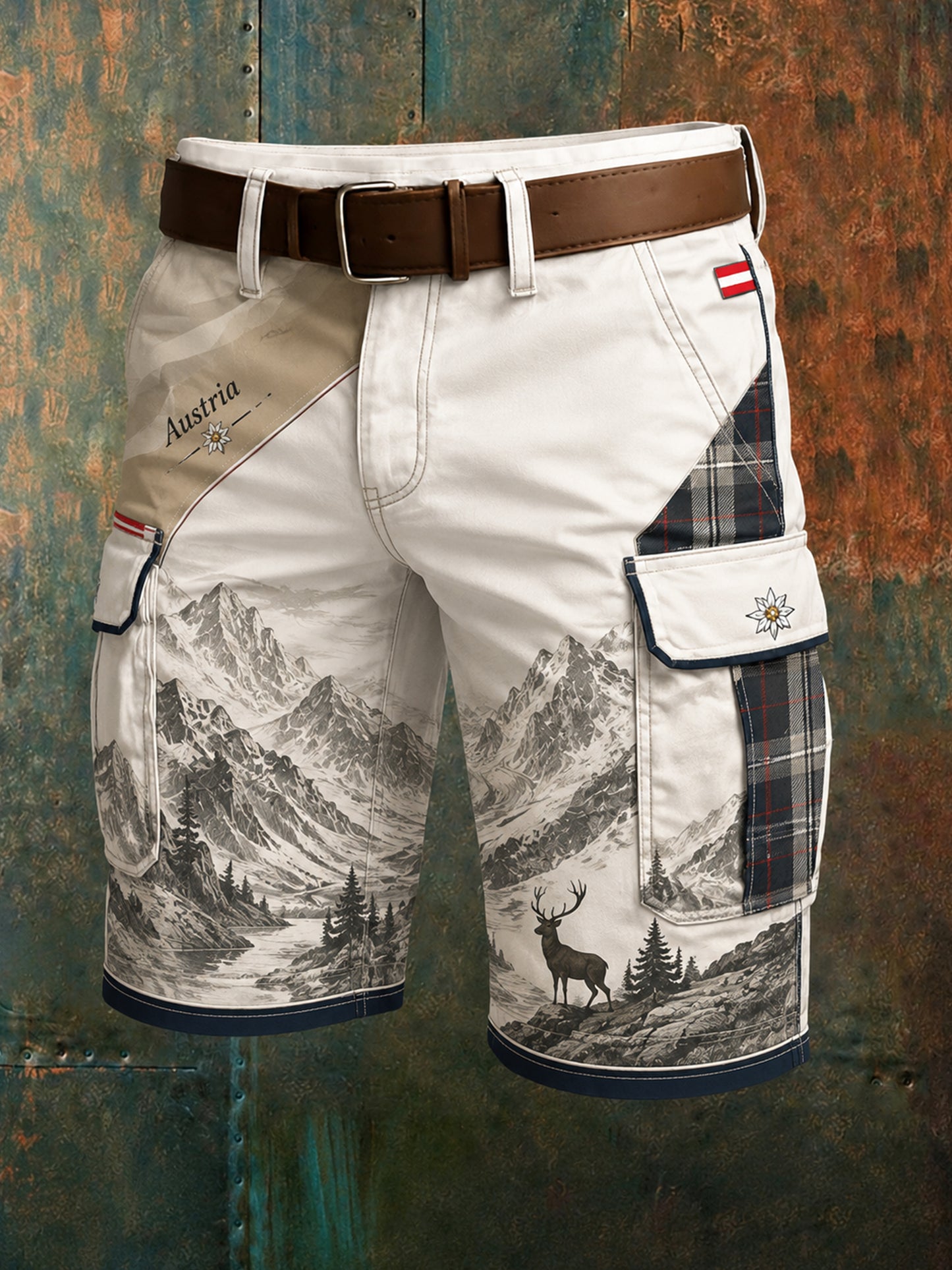 Herren-Shorts mit österreichischem Bergmotiv als Kunstdruck