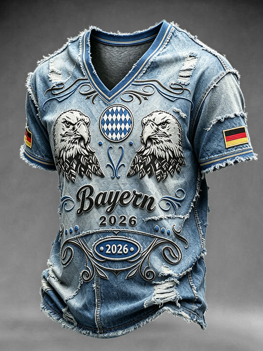Herren-T-Shirt im Denim-Stil mit bayerischem Adler-Print, Patchwork-Optik und V-Ausschnitt – lässig und modisch