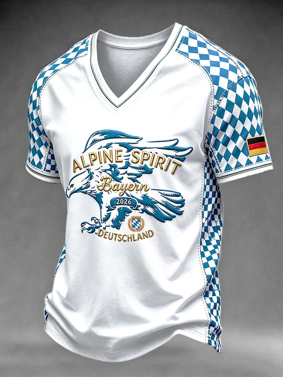 Herren-Casual-T-Shirt mit bayerischem Adler-Muster und Patchwork-Print, V-Ausschnitt