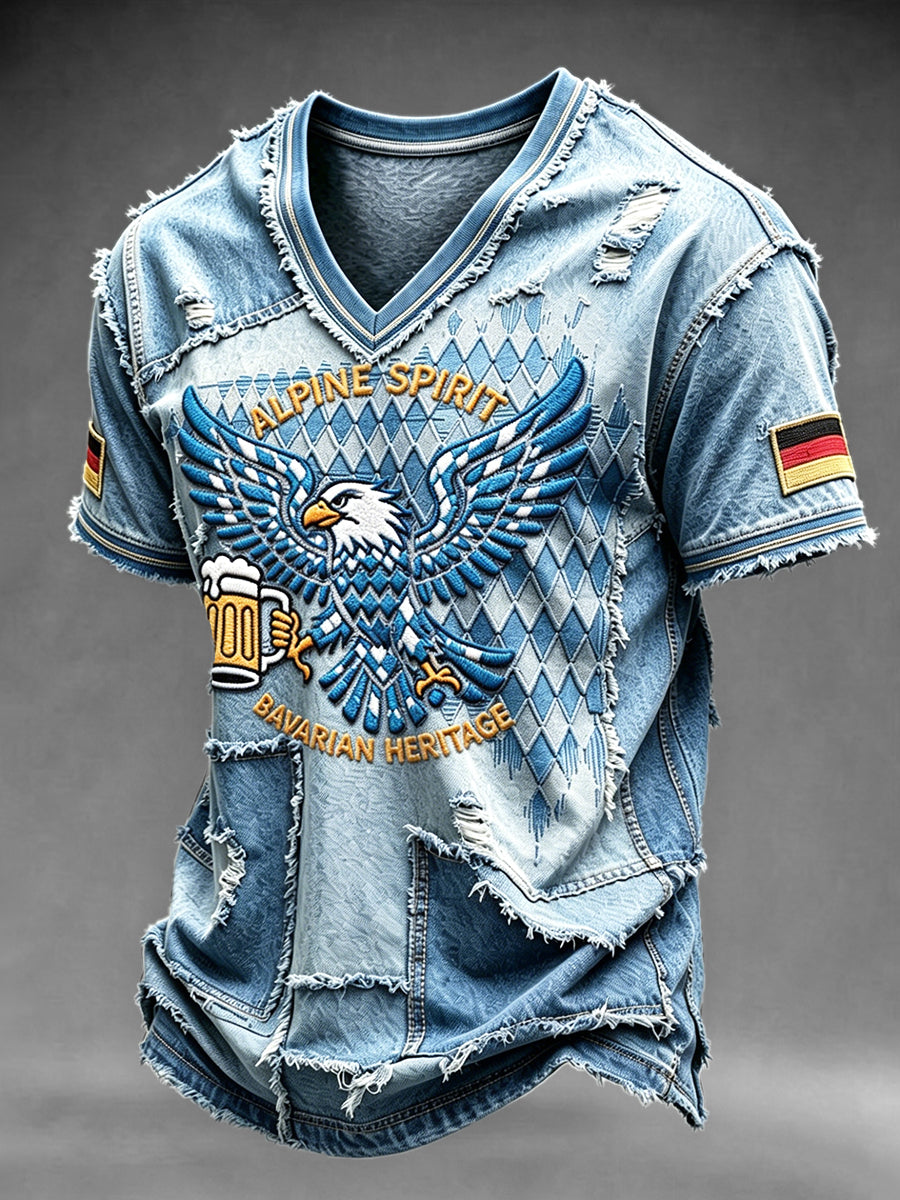 Herren-T-Shirt im Jeansstil mit Patchwork-Print und V-Ausschnitt, lässig, deutsche Fußball-Eagles
