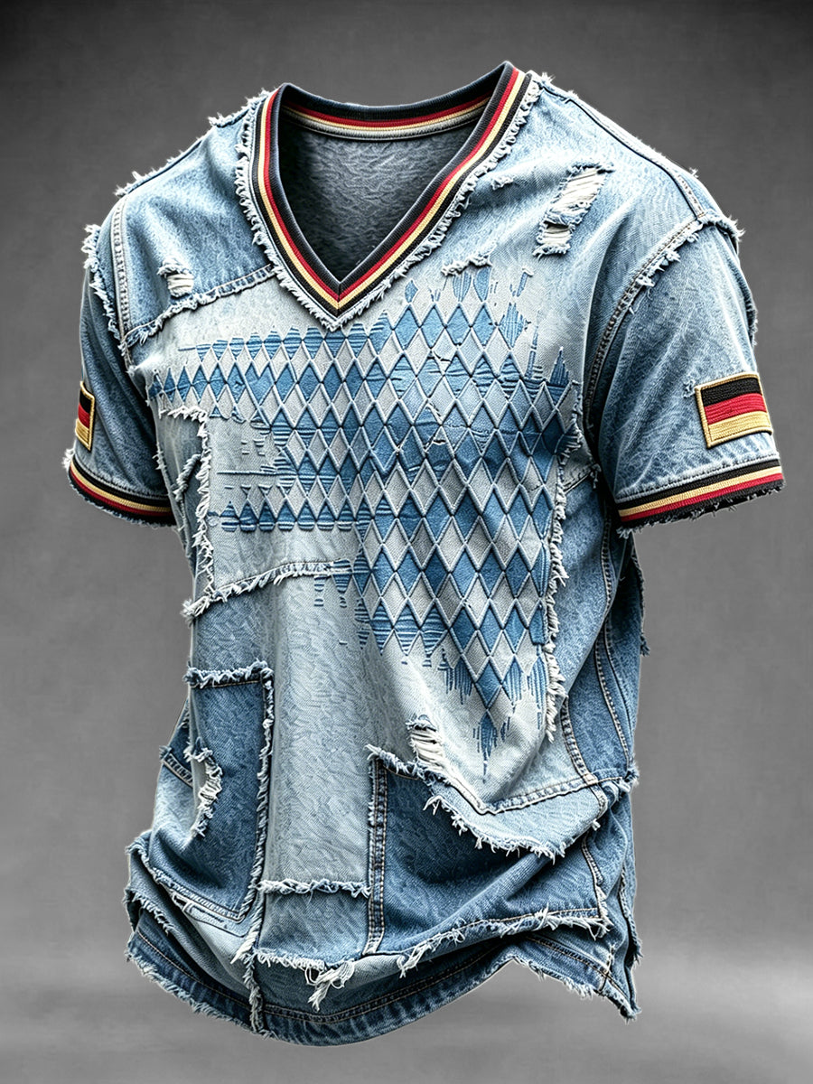 Herren-T-Shirt im deutschen bayerischen Diamantkaro-Denim-Stil mit Patchwork-Print und V-Ausschnitt