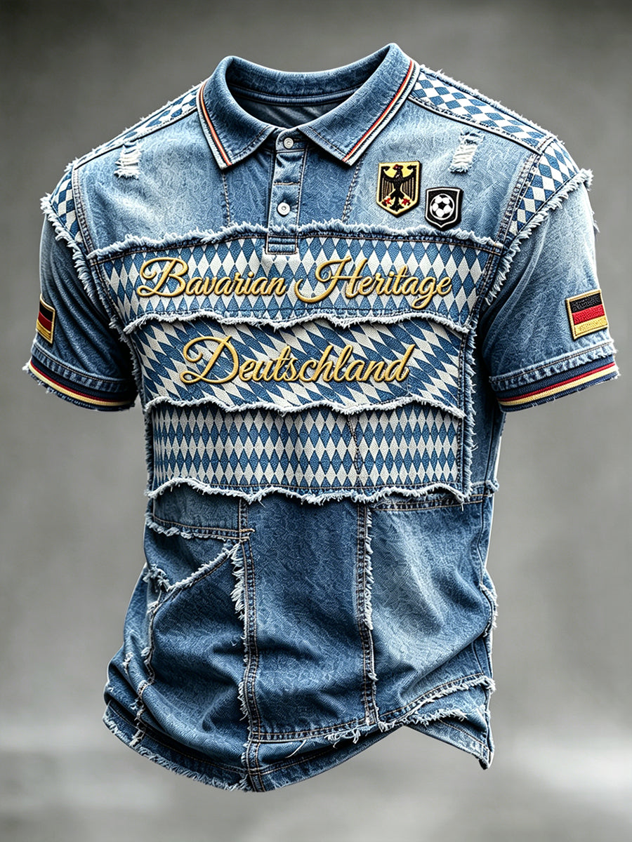 Herren-Fußball-Poloshirt im bayerisch inspirierten Denim-Patchwork-Design, lässig geschnitten