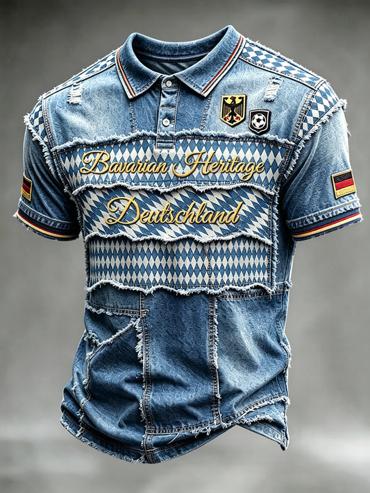 Herren-Fußball-Poloshirt im bayerisch inspirierten Denim-Patchwork-Design, lässig geschnitten