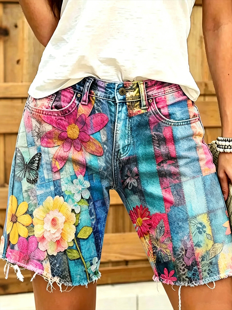 Damen-Shorts im Retro-Stil mit Ölgemälde-Blumenmuster