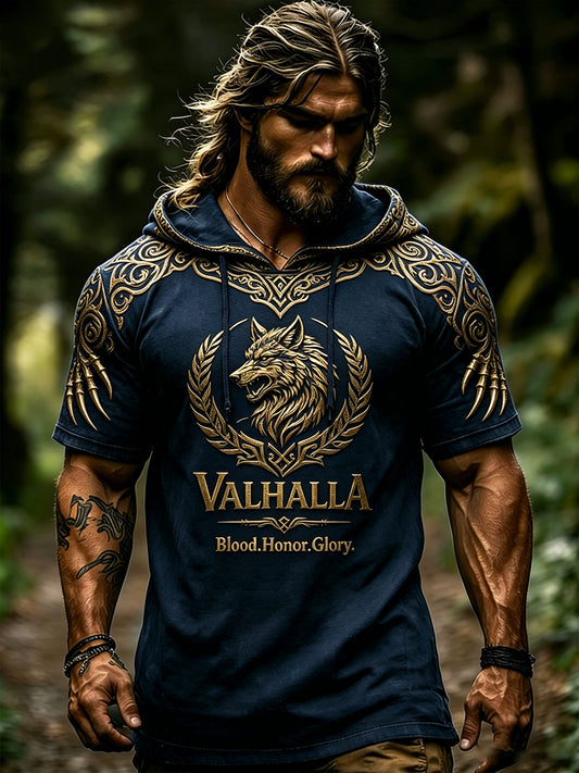 Herren-Top mit Retro-Viking-Print, kurzen Ärmeln und Kapuze