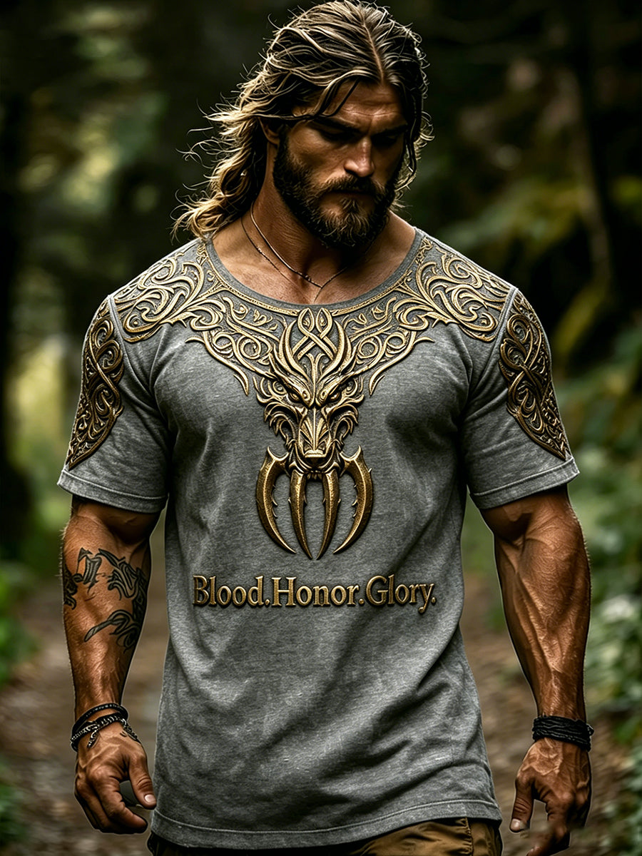 Herren-Retro-T-Shirt mit Wikinger-Print und kurzen Ärmeln