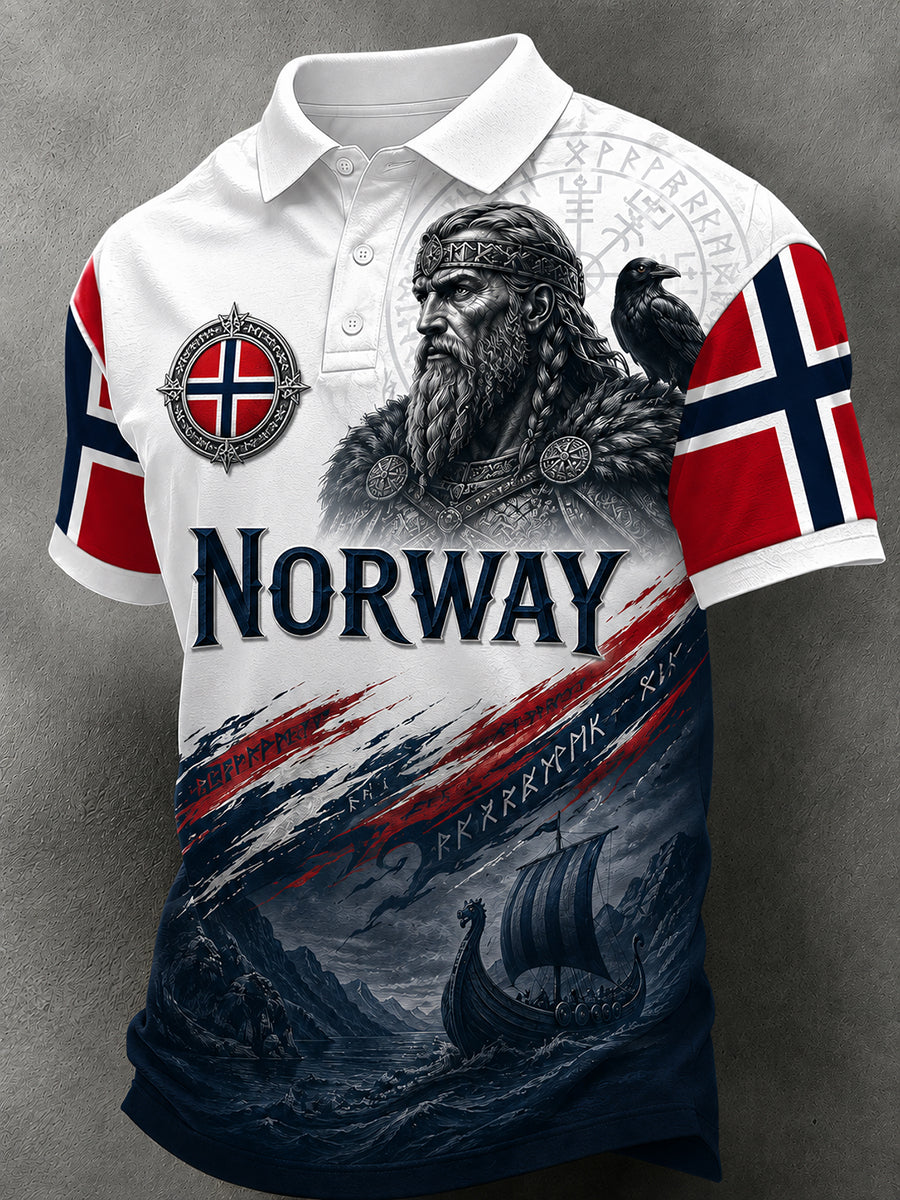 Herren Retro Nordic Style Norwegisch Kunstdruck Casual Polo Shirt