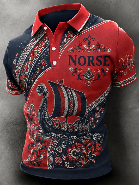 Herren-Poloshirt im Retro-Nordic-Stil mit norwegischem Kunstmotiv, lässig geschnitten