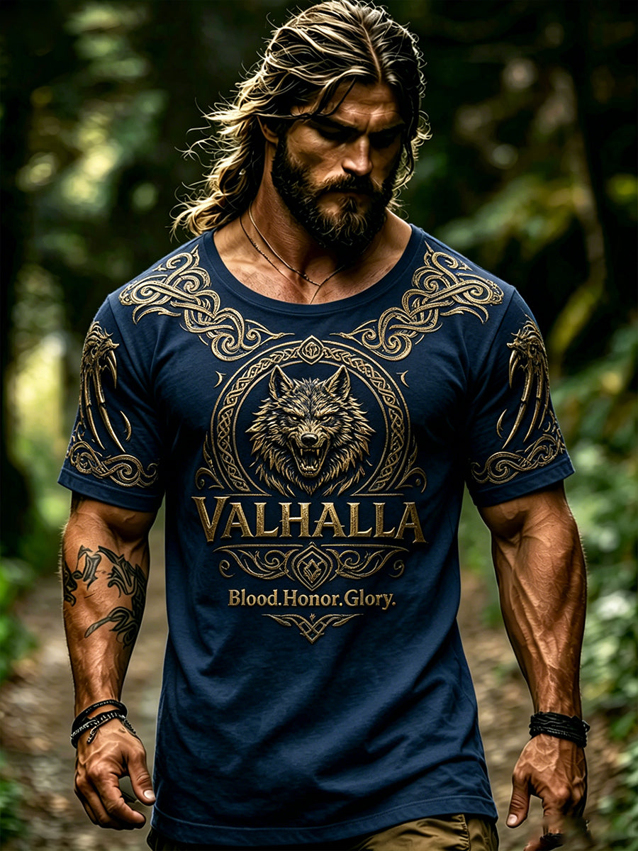 Herren-Retro-T-Shirt mit Wikinger-Print und kurzen Ärmeln