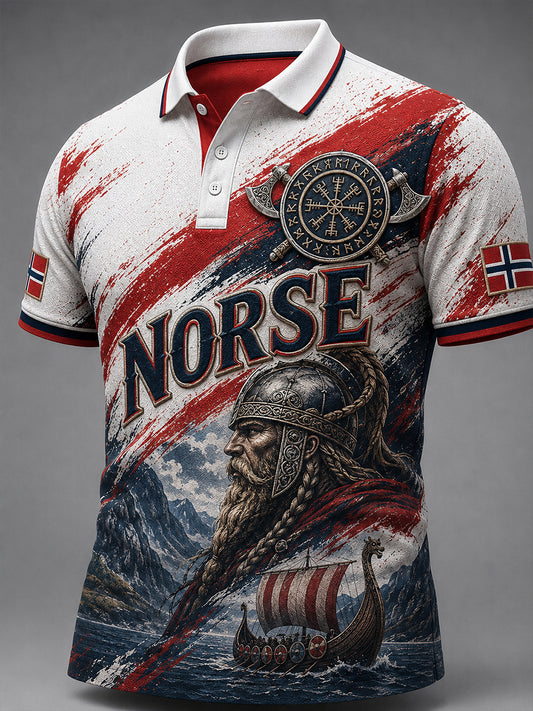 Herren-Poloshirt im Retro-Nordic-Stil mit norwegischem Kunstmotiv, lässig geschnitten
