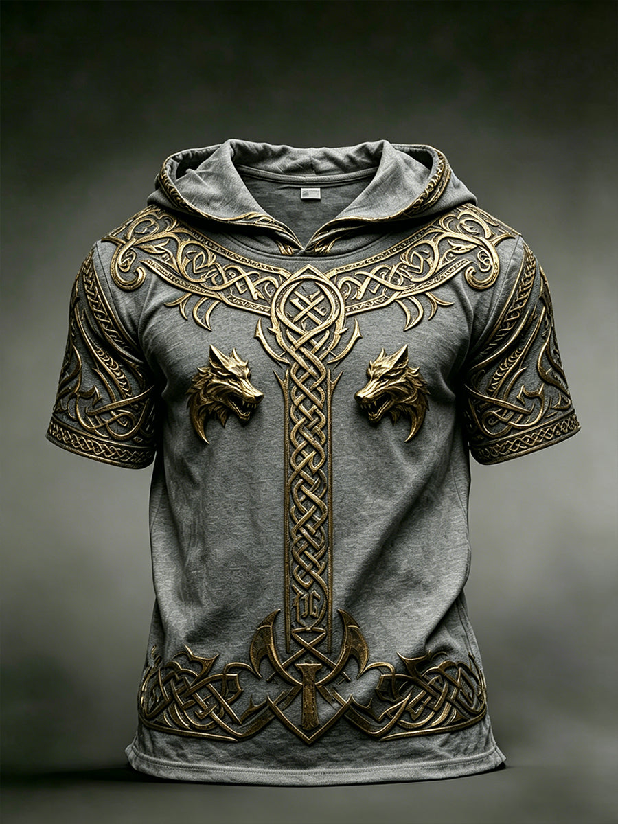 Herren-Top mit Retro-Viking-Print, kurzen Ärmeln und Kapuze