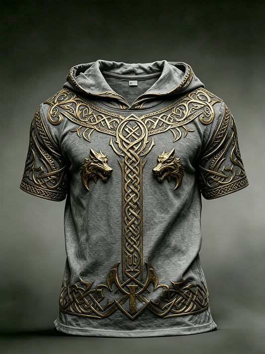 Herren-Top mit Retro-Viking-Print, kurzen Ärmeln und Kapuze