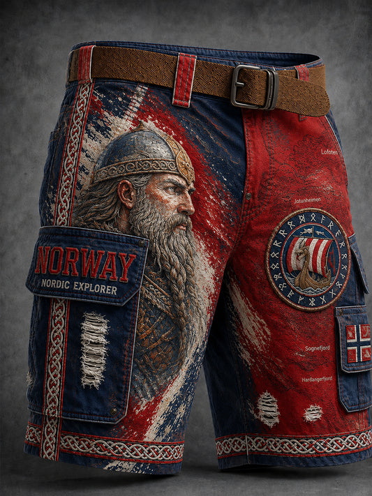 Herren-Retro-Shorts im nordischen Stil mit norwegischem Kunstdruck, lässig geschnitten