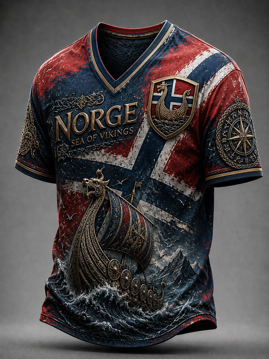 Herren-T-Shirt im Retro-Nordic-Stil mit norwegischem Kunstdruck
