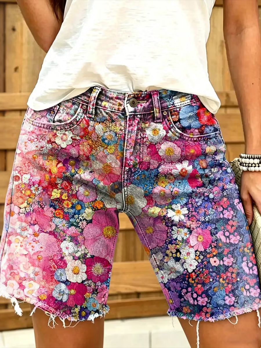 Damen-Shorts im Retro-Stil mit Ölgemälde-Blumenmuster
